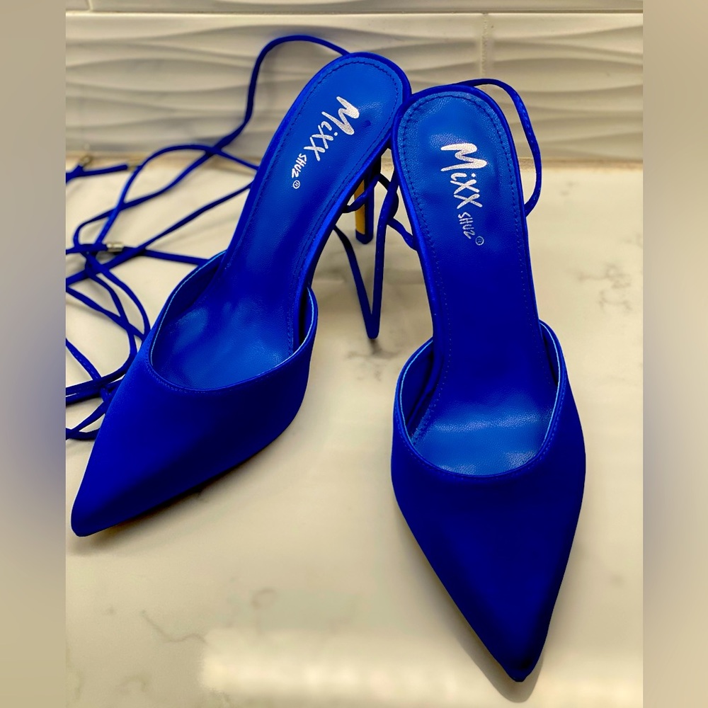BRAND NEW Royal Blue Heel Pointy Toe Tie Up Trendy Heel Pumps